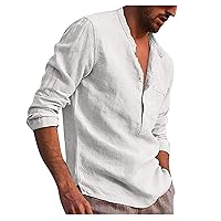 Linen Mens Shirt,Long Sleeve 2024 Trendy Plus Size T-Shirt Solid Fashion Casual Button Top Blouse Outdoor Shirt Lightweight Tees White XXL