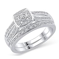 White Finish Sterling Silver Square Frame 0.25 Cttw Diamond Engagement Bridal Set (I-J / I2I3)