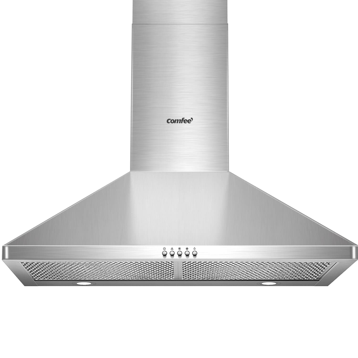 COMFEE' CVP30W6AST Ducted Pyramid Range 450 CFM Stainless Steel Wall Mount Vent Hood with 3 Speed Exhaust Fan, 5-Layer Aluminum Permanent Filters, Two LED Lights, Convertible to Ductless, 30 inches