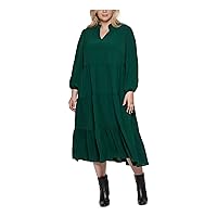Jessica Howard Womens Green Zippered Ruffled Tiered Skirt Lined Elastic Cuff Blouson Sleeve Split Below The Knee Wear to Work Fit + Flare Dress Plus S