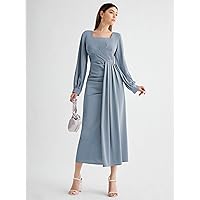 Dresses for Women - Square Neck Draped Detail Split Hem Dress (Color : Dusty Blue, Size : Medium)