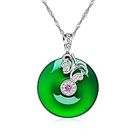 Uloveido Women's Round Dish Green Jade Chalcedony Agate with Butterfly Pendant Blessing Necklace Platinum Plated DN457