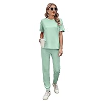 Ietaoo Women's Joggers Sets 2 Pcs Outfit Pajama Sets Short Sleeves Sleepwear Pullover Lounge Set Athletic Clothing Sets Green XXL