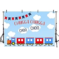 MEHOFOTO 7x5ft Red Blue Train Birthday Party Boys Photography Background Chugga Chugga Blue Sky White Clouds Choo Choo Backdrops Baby Shower Decoration Photo Booth Banner Props
