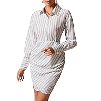 Fall Dresses for Women 2023 Striped Print Ruched Side Asymmetrical Hem Shirt Short Dress