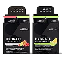 Sports Research Hydrate Electrolytes Combo Pack - Sugar-Free & Naturally Flavored with Vitamins, Minerals, and Coconut Water - Supports Hydration - 32 Packets - Lemon Lime Dominant Flavor