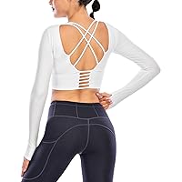 ECUPPER Women Long Sleeve Workout Tops Backless Yoga Gym Shirts Athletic Crop Top with Built in Bra for Fitness Sports