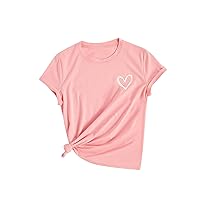 SweatyRocks Women's Heart Print T Shirts Summer Funny Short Sleeve Tops Pale Pink Heart L