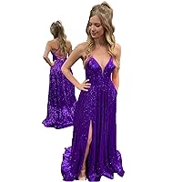 MllesReve Spaghetti Strap Deep V Neck Sequin Evening Prom Dress with Pockets Side Slit Glitter Formal Party Dress