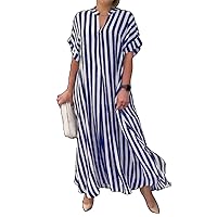Women Summer Dress Striped Printed Split Hem Long Dress