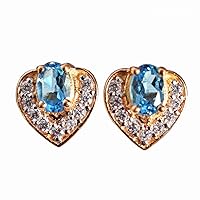 Prong-Setting Blue Topaz 925 Sterling Silver With Gold Plated Push Back Dainty Earring