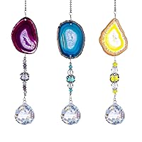 H&D HYALINE & DORA Pack 3pcs Suncatcher Hanging 30mm Crystal Ball with Agate Slices Wind Chimes Ornaments Decor for Window Home Garden