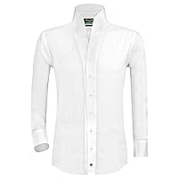 White Seersucker High Open Korean Collar Standup Buttonless Men's Dress Shirt Tall Neck 100% Cottom Groom's