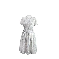 Women's Modern Hanbok Dress, White and Blue Floral Short Dress, Korean Handmade Dress, S-M Size