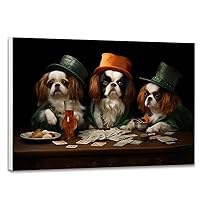 Hudo Canvas Wall Art - Dogs Playing Poker Poster - Japanese Chin Dog Prints Poster for Bedroom Decorations Framed Picture