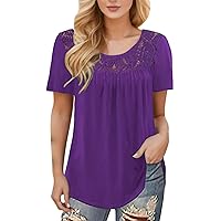 Short Sleeve Shirts for Women V Neck, Tops for Women 2024 Summer Scoop Neck Short Sleeve Lace Top Curved Hem Flowy Blouse T Shirt Loose Fit Pleated Tunics, Sale Clearance, Camiseta de Mujer