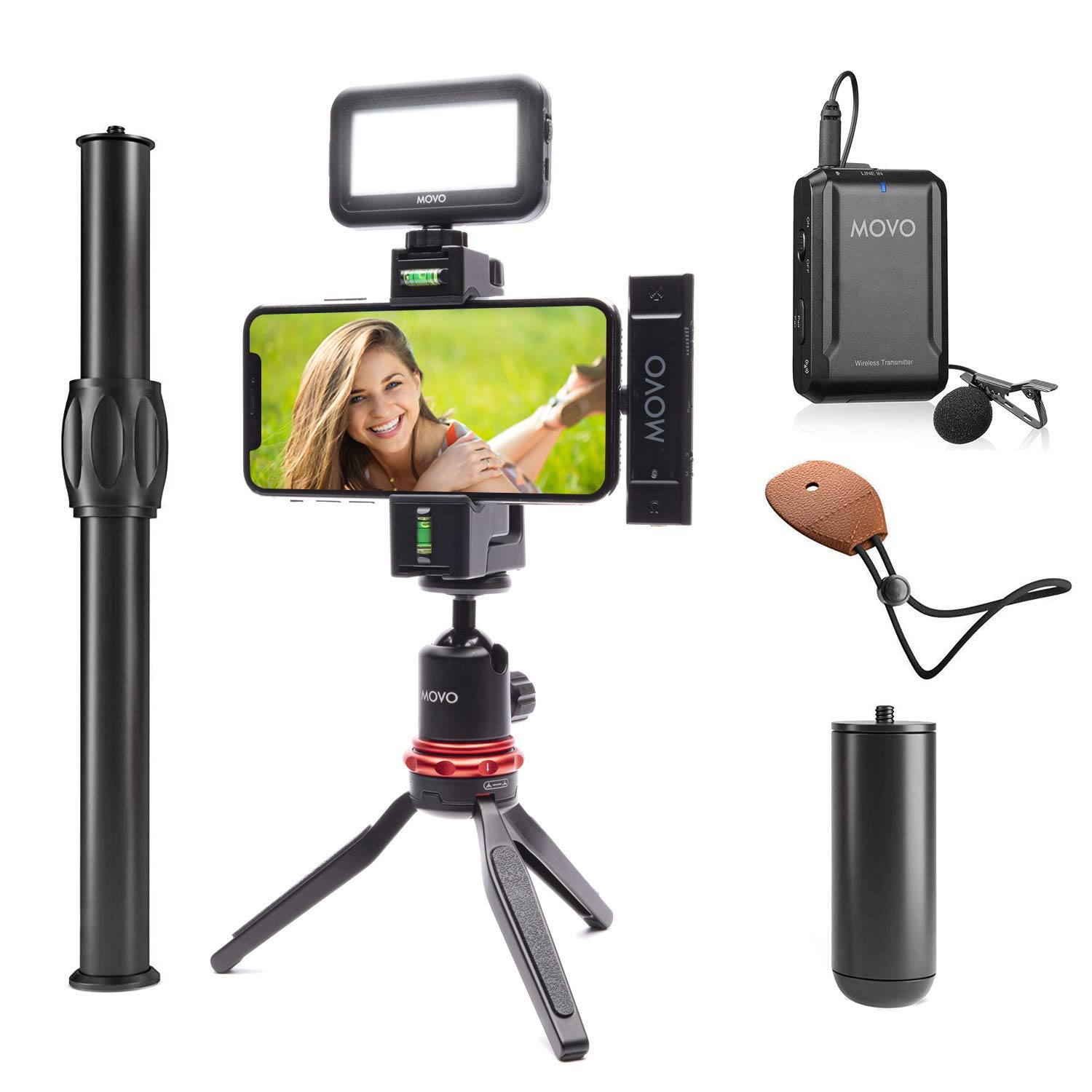 Movo iVlog DI Wireless Lavalier Microphone for iPhone and Smartphone Video Kit with Smartphone Rig, LED Light, and Tripod - Lightning Lapel Mic Com...