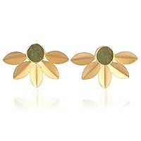 Guntaas Gems Designer Leaf Stud Earrings Brushed Gold Plated Matte Finish Earring Jade Quartz Gemstone Brass Jewelry