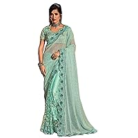 Bollywood Sea Green Indian Women wear Thread work Designer Digital Sequence Pallu Net Saree Blouse Heavy work Crystal Bridal Wedding Sari