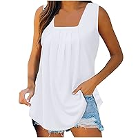 Square Neck Tank Top for Women Solid Sleeveless Pleated Tunic Tops Summer Hide Belly Tanks Loose Fit Tunic Shirts