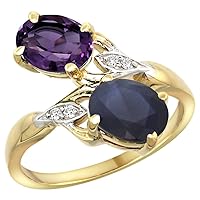 10K Yellow Gold Amethyst & Blue Sapphire 2-stone Mother's Ring Oval 8x6mm Diamond Accents, 3/4 inch wide, sizes 5 - 10