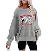I'm Dreaming of A Wine Christmas Sweatshirt Women's Oversized Sweatshirt Crew Neck Casual Slit Slouchy Pullover Tops