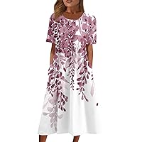 Workout Tops for Women Short Sleeve Bubble Hem O-Neck Trendy Smocked Soft Floral Print Spring Dresses for Women 2024