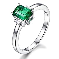 Simple Elegant Natural Columbia Emerald Gemstone Solid 14K White Gold Baggette Diamond Promise Wedding Bridal Band Ring for Women