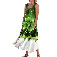 Saint Patricks Women's Sleeveless Floral Lucky Clover Green Summer Dress Comfort Cotton Linen Sundress with Pockets
