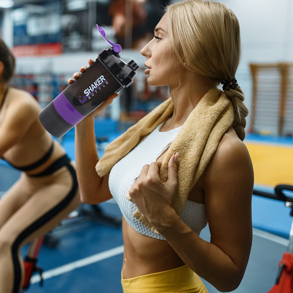 Protein Shaker Bottle with Three Part Twist Off Storage，Gym shaker cups for protein shakes 16Oz ,BPA Free, Leak Proof ,NON-SLIP, Portable sport Plastic Water Bottle Fit Most Cup Holders., Purple