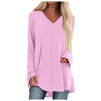 Womens Long Sleeve Tops Fall Winter Long Sleeved V-Neck Solid Color Casual Long Loose T-Shirt Top