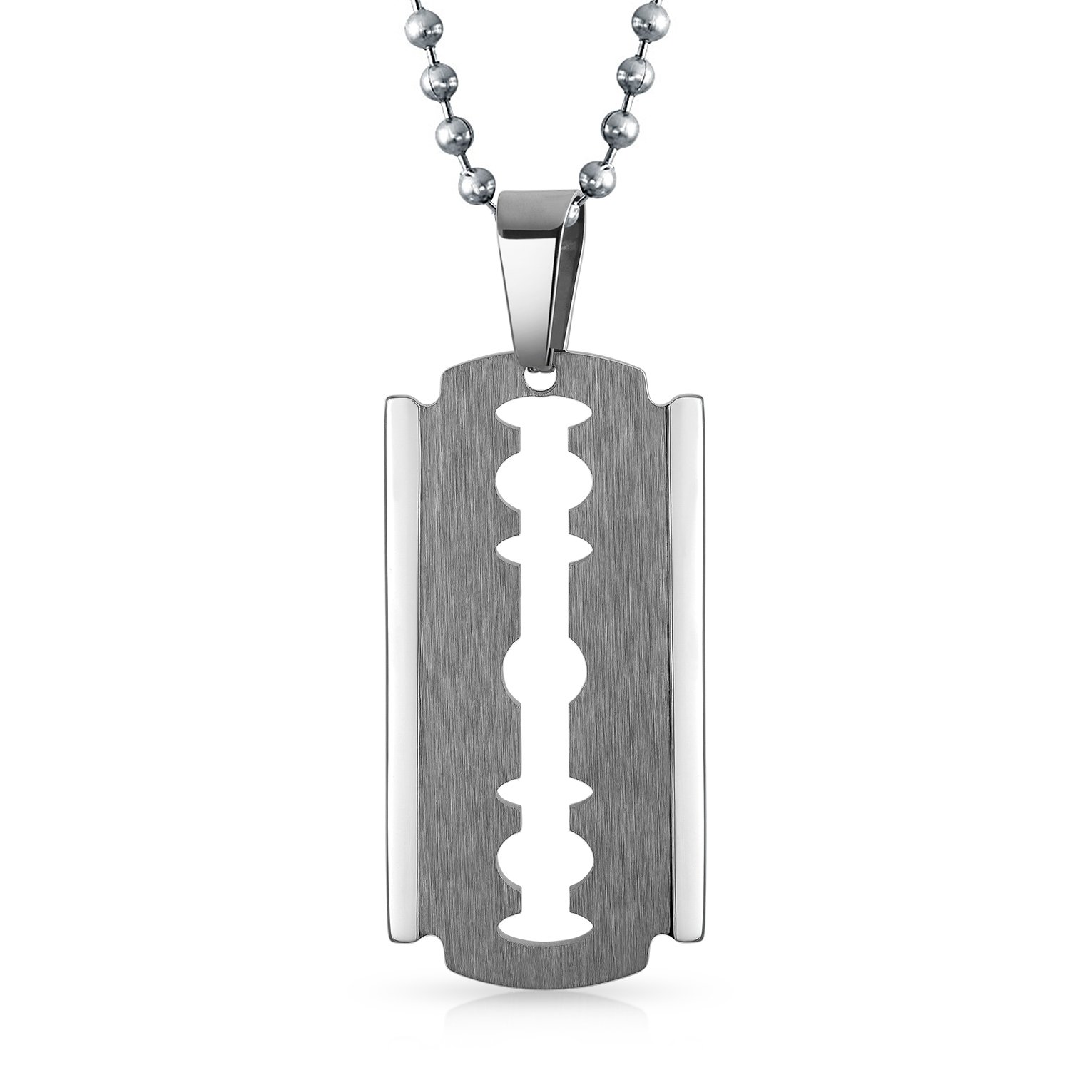 Personalize Hip Hop Biker Jewelry Goth Punk Rock Large Razor Blade Dog Tag Pendant Necklace For Men Black Silver Gold Tone Stainless Steel 20 Inch Ball Chain Customizable