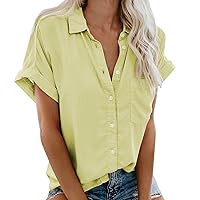 Blouses for Women Dressy Casual Solid Color Summer Short Sleeve Turndown Collar Button-Down Slim-Fit Shirt with Pocket