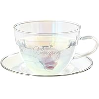 Pavilion - You’re Amazing - 7-ounce Glass Teacup with Saucer Set, Iridescent Coffee Cup, Floral Pattern Teacup, Valentine's Day Gift Ideas For Friend, Girlfriend Mug, 1 Count - Pack of 2