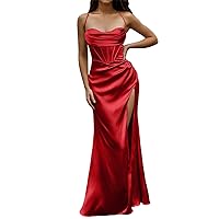 Women Sexy Satin Corset Maxi Dress Silky Strap Push Up Fishbone Ruched Evening Party Long Long Sleeve Midi (b-Red, M)