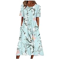 Women Casual Loose Sundresses with Pockets Floral Short Sleeve Summer Beach Dress Swing Flowy Scoop Neck Pleated Dresses
