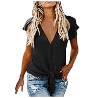 ZEFOTIM 3/4 Sleeve Shirts for Women,Summer Classic Plain Button Down Tops Shirts Casual Bell Sleeve Deep V-Neck Blouse Tees