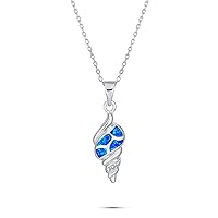 Bling Jewelry Vacation Blue Gemstone Created Opal Inlay Nautical Tropical Beach Sand Conch Sea Shell Pendant Necklace For Women Teen .925 Sterling Silver