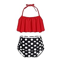 Little Girls Summer Two Pieces Polka Dots Print Bikini Set Halter Neck Ruffle Swimsuit Swimwear