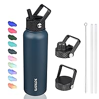 BJPKPK Insulated Water Bottles with Straw Lid, 40oz Stainless Steel Water Bottles with 3 Lids, Large Metal Water Bottle, BPA Free Leakproof Thermos Water Bottle for Sports & Gym- Navy Blue