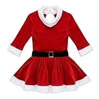 Girls Christmas Santa Dance Costume Long Sleeve Keyhole Back Figure Ice Skating Baton Twirling Velvet Leotard Dress Red 4