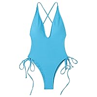 Women's Solid Color Deep V Neck Sexy Strap Bikini Swimsuit Beach Swimsuit Bikini with Skirt (Blue, L)