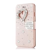 Crystal Wallet Phone Case Compatible with iPhone 11 - Heart - Pink - 3D Handmade Sparkly Glitter Bling Leather Cover with Screen Protector & Beaded Phone Lanyard