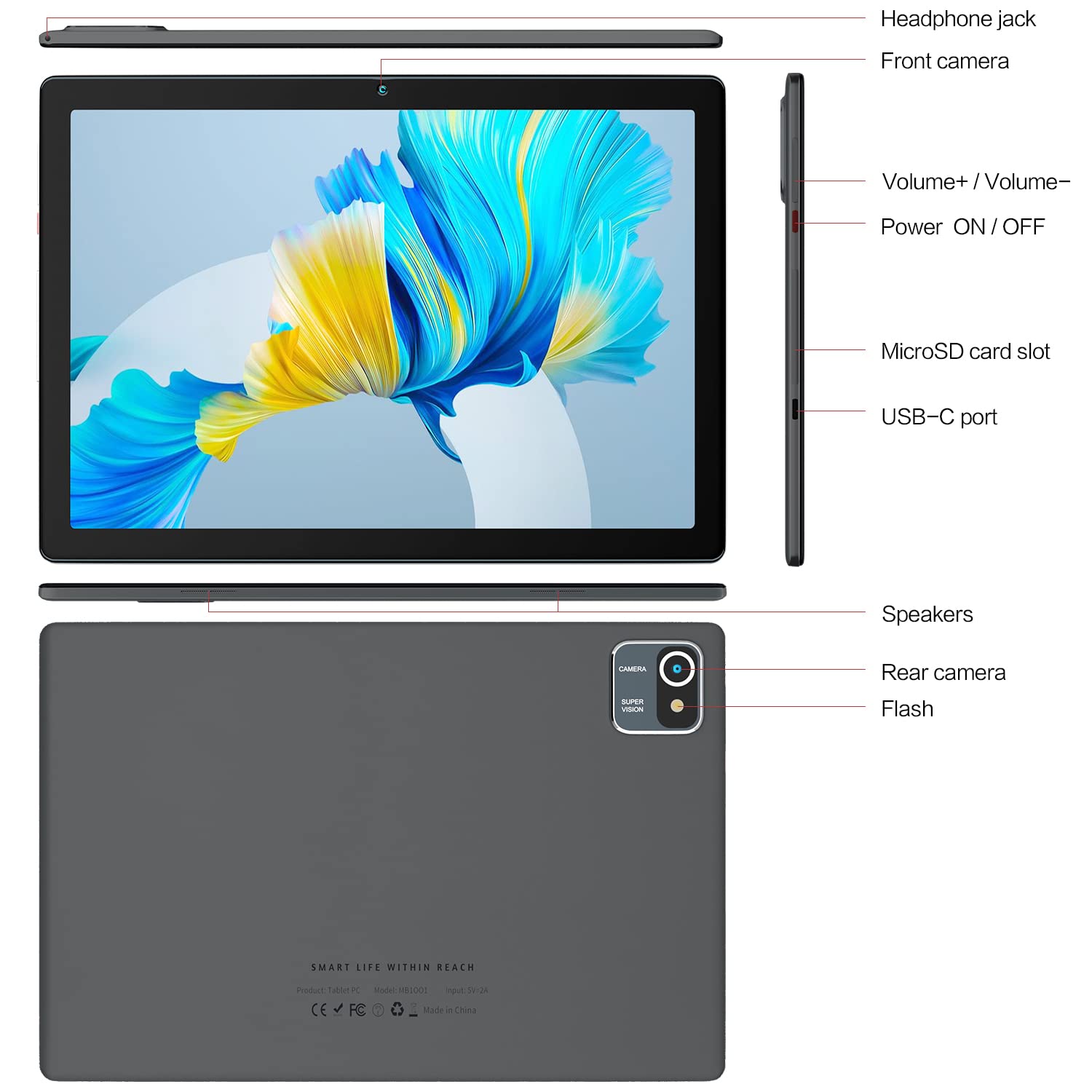 10 Inch Tablet Android 10 IPS HD Display Quad-Core 32GB 6000mAh Tablets (Grey)
