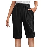 Knee Length Shorts Women Summer Casual Elastic Waist Shorts Loose Straight Wide Leg Linen Beach Shorts with Pockets
