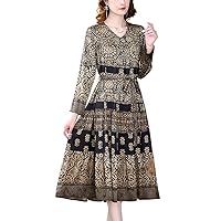 Women's Long Sleeve Print Silk Satin V-Neck Midi Dress Autumn Winter Elegant Bodycon Casual Dress 117 cm Long 4XL Black