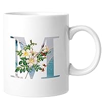 Monogram Letter M Funny Coffee Mug Marbling Letter Lily Flower White Coffee Mugs 11oz Novelty Coffee Mugs Name Initial Christmas Gift For Cappuccino Espresso Latte Milk Tea