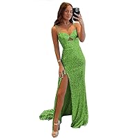 Spaghetti Straps Sweetheart Long Mermaid Prom Dress Empire Waist Sheat Sequins Formal Dress with Split SF030