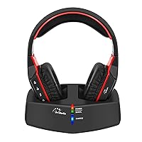 WallarGe Wireless Headphones for TV Watching with 5.8GHz RF Transmitter Charging Dock, Plug and Play, 100 Ft Wireless Range, Rechargeable 20 Hour Battery (Black with Red)
