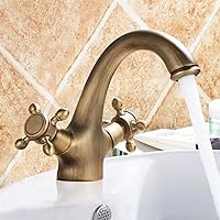 HIGOH Faucets,Basin Mixer Tap Antique Brass Bathroom Basin Sink Faucet Mixer Tap, Double Handle Single Hole Solid Brass Deck Mounted Bath Tap for Bathroom Kitchen/Antique Brass